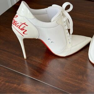 Christian Louboutin White Calf Leather Lace-up Pom Pom Bootie